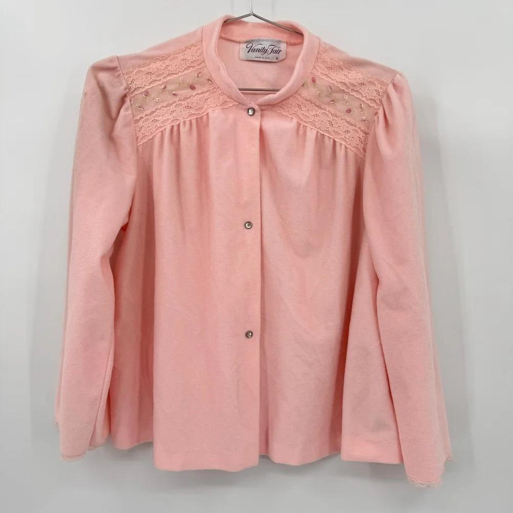 Vintage 80s Pajama Cardigan Vanity Fair Pink Polyester Loungewear Made in USA